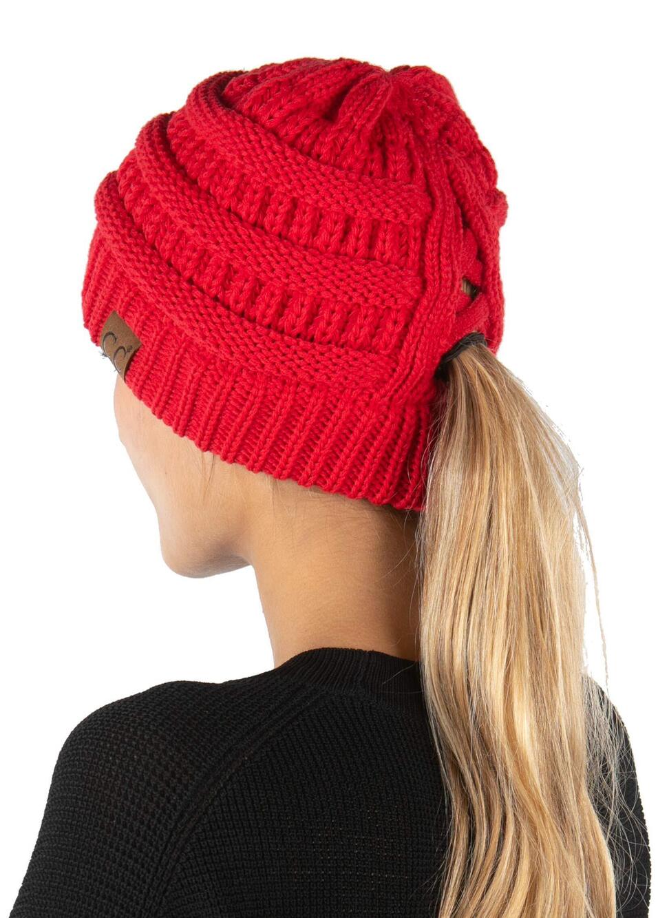 9127 Criss Cross Pony Tail Beanie , Stocking Hat with Ponytail Hole, Winter